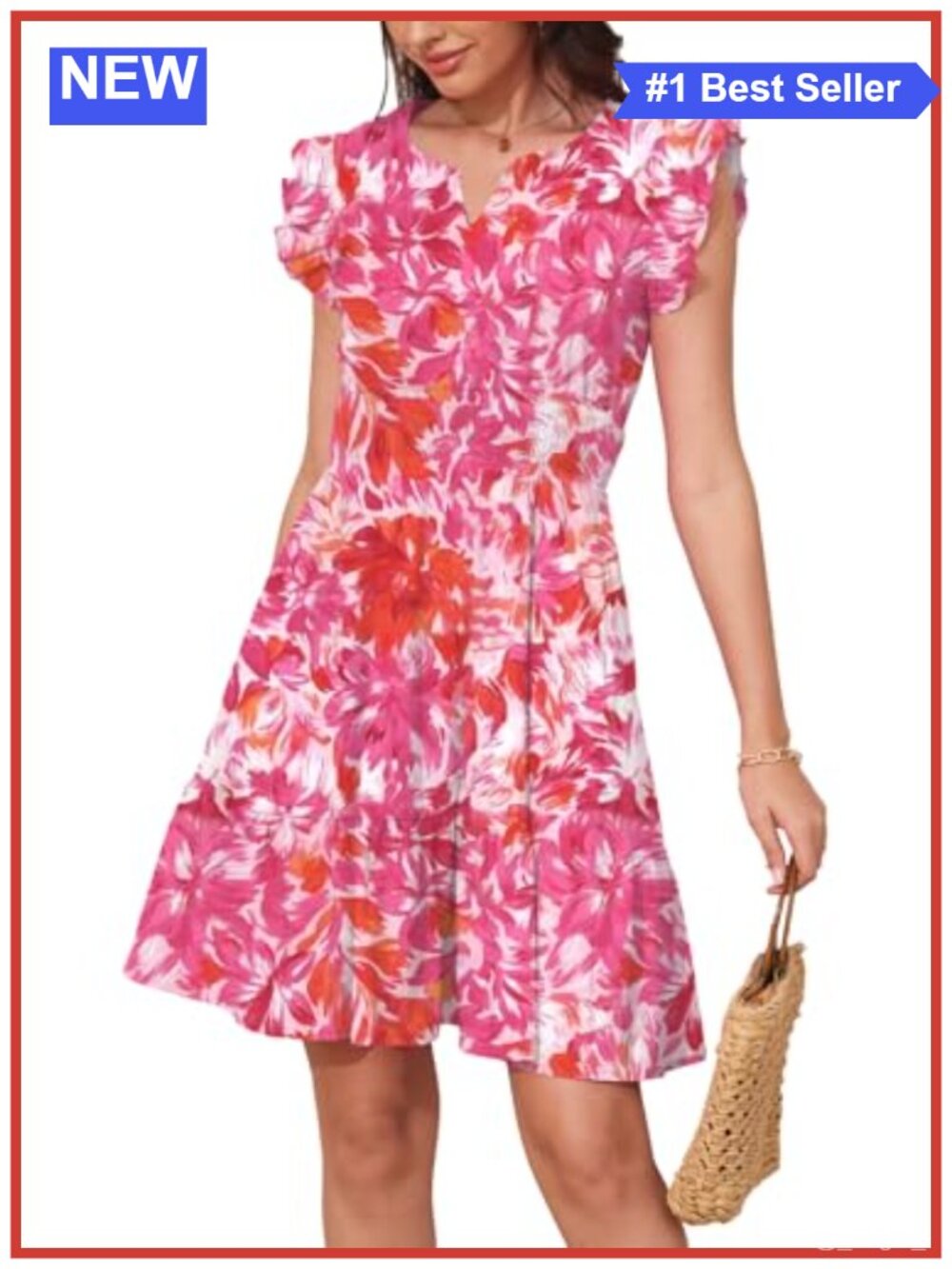 Women's Smocked Fit and Flare Sundress Ruffle Sleeve V-Neck Mini Dress
